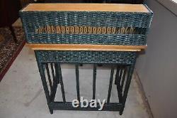 Vintage Small Green Wicker and Natural Wood Desk