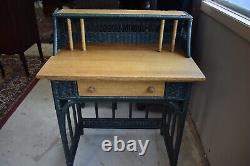 Vintage Small Green Wicker and Natural Wood Desk