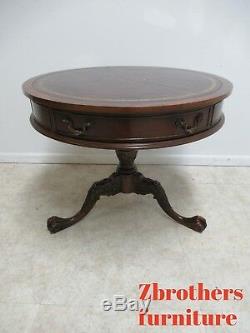 Vintage Southhampton Leather Top Ball Claw Chippendale Drum End Table Mahogany