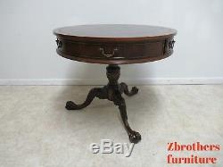 Vintage Southhampton Leather Top Ball Claw Chippendale Drum End Table Mahogany