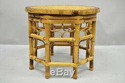Vtg Brighton Pavilion Style Bamboo & Cane Chinese Chippendale Round Side Table