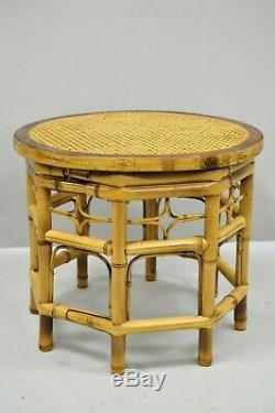 Vtg Brighton Pavilion Style Bamboo & Cane Chinese Chippendale Round Side Table