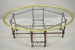 Vtg English Chinese Chippendale Faux Bamboo Glass Brass Tray Top Coffee Table