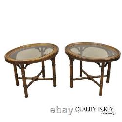 Vtg Faux Bamboo Chinese Chippendale Style Oval Small Glass Top Side Table Pair