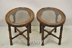 Vtg Faux Bamboo Chinese Chippendale Style Oval Small Glass Top Side Table Pair