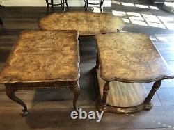 Weiman Burl Wood Chippendale Coffee Table and End Tables