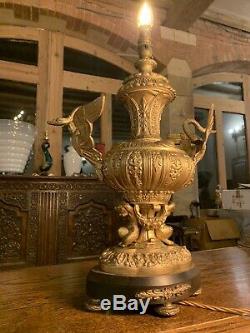 1920 Antique Espagnol Gilded Laiton Massif Ornement Lampe De Table, Rococo, Baroque