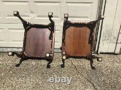 Anglais Mahogany & Burled Wood Hand Carved Chippendale Ball And Claw End Tables