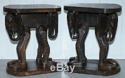 Belle Paire De Tables Vintage Sculpté À La Main En Bois Massif Safari Representation Eléphants
