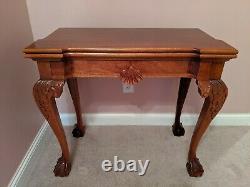 Chippendale-style Solid Mahogany Game Card Table Ball & Claw, Shell, Tiroir
