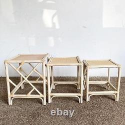 Ensemble de 3 tables gigognes de style Chippendale en bambou et rotin chic bohème
