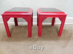 Hollywood Regency Chinois Chippendale Laqué Mirrored Top End Tables