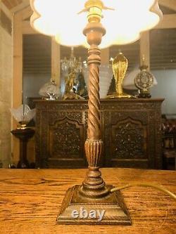 Lampe De Table Sculptée En Chêne Anglais Antique, Lampe Chandeliers De Style Élisabéthain