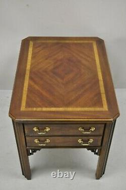 Lane Chinese Chippendale Ahogany Inlay Banded Top One Tiroir Side End Table