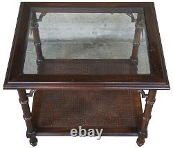 Lane MID Century Walnut 2 Tier Chinese Chippendale Bamboo Glass Caned Side Table