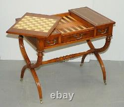 Lovely Vintage Français Dicectoire Jeux Bureau De Table Chess Backgammon Brown Leather