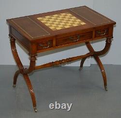 Lovely Vintage Français Dicectoire Jeux Bureau De Table Chess Backgammon Brown Leather
