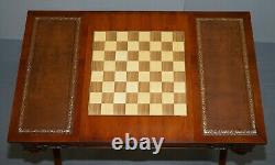 Lovely Vintage Français Dicectoire Jeux Bureau De Table Chess Backgammon Brown Leather