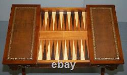 Lovely Vintage Français Dicectoire Jeux Bureau De Table Chess Backgammon Brown Leather