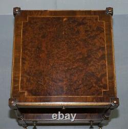 Paire De Burr Walnut Side Lamp End Wine Tables Brown Leather Butlers Serving Tray