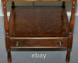 Paire De Burr Walnut Side Lamp End Wine Tables Brown Leather Butlers Serving Tray