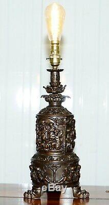 Rare Vers 1860 Bronzé Chérubin Putti Ange Huile Lampe Convertie En Lampe De Table