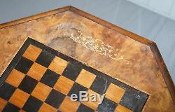 Rare Victorienne 1880 Noyer Marqueterie Échecs Backgammon Cribbage Jeux De Société Table