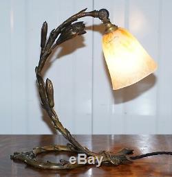 Superbe Lampe De Table Charles Schneider En Bronze Massif, Circa 1920, Abat-jour D'origine