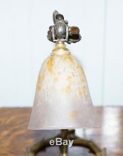 Superbe Lampe De Table Charles Schneider En Bronze Massif, Circa 1920, Abat-jour D'origine