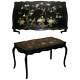 Superbe Noir Laqué Polychrome Peint Table Desk Oiseaux Fleurs