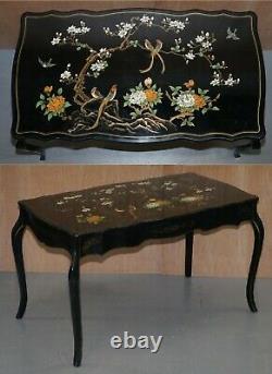 Superbe Noir Laqué Polychrome Peint Table Desk Oiseaux Fleurs