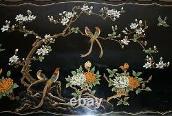 Superbe Noir Laqué Polychrome Peint Table Desk Oiseaux Fleurs