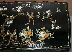 Superbe Noir Laqué Polychrome Peint Table Desk Oiseaux Fleurs