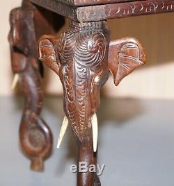 Superbe Petit Circa 1900 Anglo Éléphant Indien Sculpté À La Main En Bois De Rose Table D'appoint