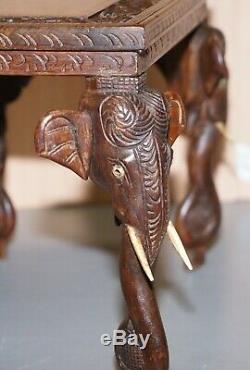 Superbe Petit Circa 1900 Anglo Éléphant Indien Sculpté À La Main En Bois De Rose Table D'appoint