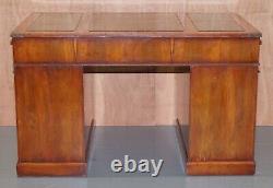 Superbe Vintage Burr Yew Wood Military Campaign Pedestal Green Leather Top Desk