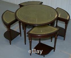 Table Basse Garnie Vintage En Cuir Vert Et Acajou Et 4 Petites Tables Nid