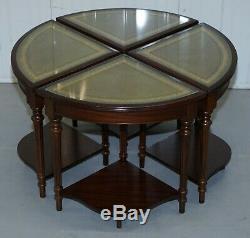 Table Basse Garnie Vintage En Cuir Vert Et Acajou Et 4 Petites Tables Nid