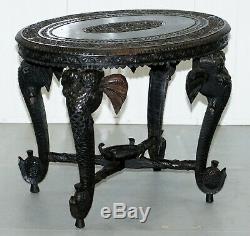 Table D'appoint Sculptée À La Main En Palissandre, Angla 1900, Anglo Indian Elephant & Buddha