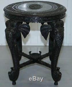 Table D'appoint Sculptée À La Main En Palissandre, Angla 1900, Anglo Indian Elephant & Buddha
