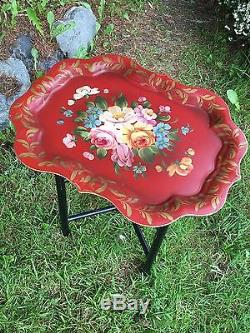 Table De Tole Manteau De Cheminée Floral Antique Peint A La Main Rouge Vintage