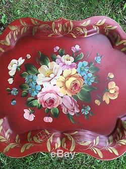 Table De Tole Manteau De Cheminée Floral Antique Peint A La Main Rouge Vintage