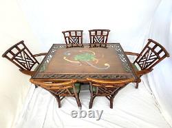 Table à manger en rotin vintage avec 6 chaises, style Chippendale chinois, décor chinois avec plateau en verre.