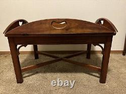 Table basse vintage Hekman avec plateau de majordome en acajou et marqueterie en roue à aubes