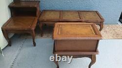 Table basse vintage et 2 tables d'appoint avec dessus en cuir style Chippendale Henredon 8424