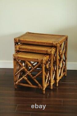 Tables De Nidification Du Rotin Vintage, Chippendale Asiatique Nesting 3 Table Set-boho Coastal