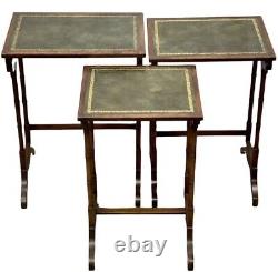 Tables gigognes Bernard & Simonds MCM en cuir vert style Chippendale avec pieds en bambou Famboo