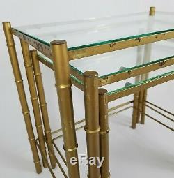 Verre Vintage Faux Bambou Métal Or Top Nesting Tables Chinois Chippendale