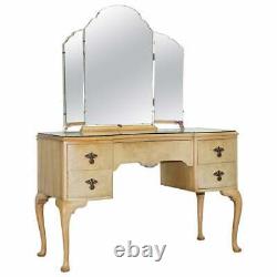 Vintage Art Déco Style 1940's Burr Light Walnut Dressing Table Tri Fold Miroirs