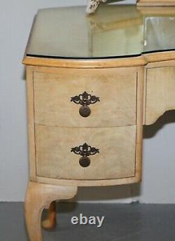 Vintage Art Déco Style 1940's Burr Light Walnut Dressing Table Tri Fold Miroirs